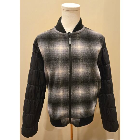 SMARTWOOL Ibera Merino Wool Bomber Jacket Black White Check Womens Small - Picture 2 of 10